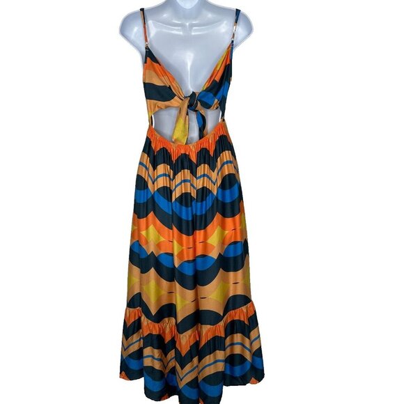 Olivaceous Tie Back Midi Dress Size M Chevron Orange Blue Tiered Boho - Picture 2 of 9